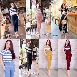 👗Pfashion [ส่งไว!!🚛] P1008 Set 2 ชิ้น เสื้อลายริ้วสกรีนปกดอกไม้+กางเกงขายาว Set of 2 pieces. Striped shirt wit