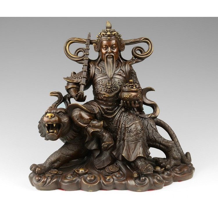 ∏11 China Taoism Bronze Copper Zhao Gongming Buddha God Yuanbao Ride Tiger Statue