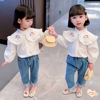 Babyzone ชุดเสื้อเชิ้ต คอปก และกางเกงยีน ปักลายการ์ตูน สองชิ้น สําหรับเด็กผู้หญิง อายุ 2-12 ปี