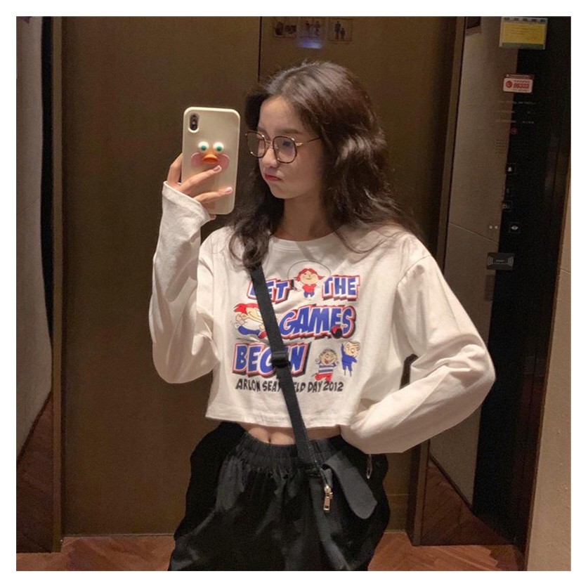 【จัดส่งจากประเทศไทย】เสื้อยืดแขนยาวผู้หญิง ลายการ์ตูน เอวลอย น่ารัก เนื้อผ้านิ่มสวมใส่สบาย