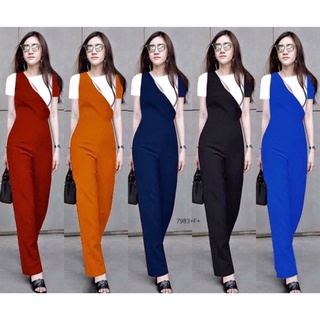 ME7983 Jumpsuit ชุดจั้มสูทแขนสั้นขายาว แต่งด้านบนเป็นโทน 2 สีแต่งเว้าหน้าอกเล็กๆ มีซิปหลัง เนื้อผ้าซ่าร่าทั้งตัว เนื้อผ้
