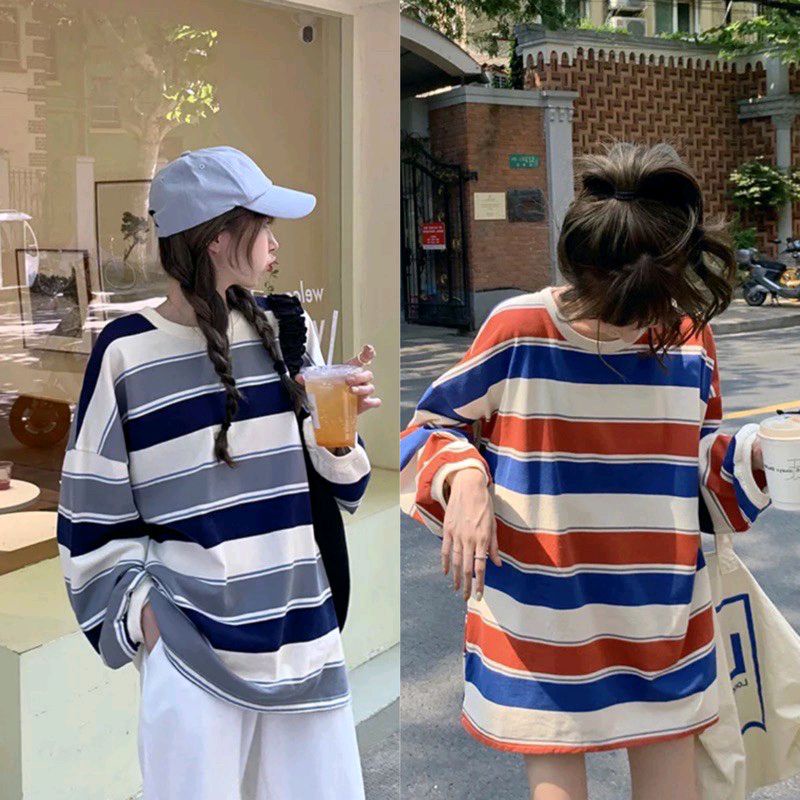 พร้อมส่งในไทย M-2Xl เสื้อแขนยาวลายทาง ผ้าใส่สบาย ผ้าไม่หนา ใส่หน้าร้อนได้  เสื้อลายทาง