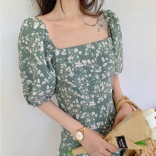 เดรสลายดอก เดรสเกาหลี เดรสแขนตุ๊กตา |Green flora dress (dd0001)|Pre-oreder✨