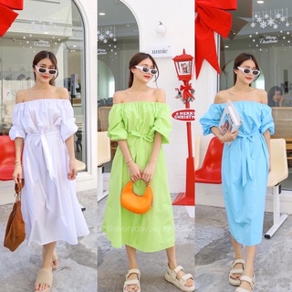 pre summer dress 💚🤍🌊(450฿ฟรีส่ง) ชุดเดรสปาดไหล่เนื้อผ้าคอตตอน ตัวเดรสมีเชือกผูกเอว แขนพองๆ ดึงเปิดไหล่ได้ ใส่ได้