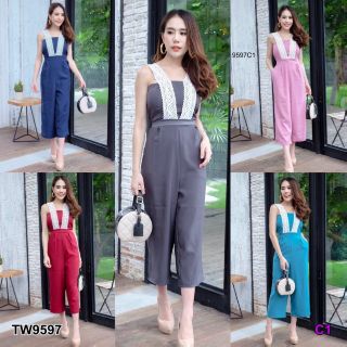 &lt;TW9597&gt;Jumpsuit จั๊มสูทสายเดี่ยวยาว 5 ส่วน มีซิปหลังยาวและกระเป๋า 2 ข้าง เนื้อผ้าซาร่าแต่งสายคาดผ้าลูกไม้ยืดหยุ่น