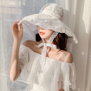 หมวกปีกกว้างลูกไม้วินเทจHat Female Lace Sun Hat Sun-Proof Face Cover