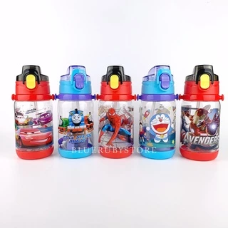 กระติกน้ำหลอดเด้ง 400ml. ขวดน้ำลายการ์ตูน มีสายสะพาย BPA Free | Bluerubystore