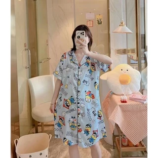 B222★ส่งจากไทย★ชุดนอนซาตินกระโปรงเดรส สีพื้นแฟชั่นสไตล์เกาหลี ลายน่ารัก