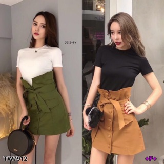 GN7912 **รบกวนสอบถามก่อนสั่งซื้อจ้า** Set 2 ชิ้น เสื้อยืด + กระโปรงStriped sleeve blouse + buttoned skirt + waist tie