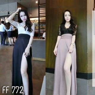 FF772🌟HOT🔥Maxi เดรส เสื้อลูกไม้ต่อกระโปรงยาวผ่าข้าง‼️