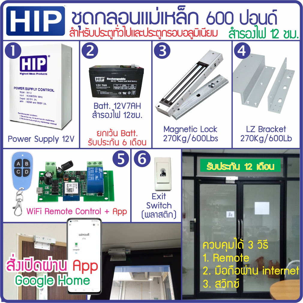 HIP ชุดกลอนประตูเปิดด้วยมือถือผ่าน Internet กลอนแม่เหล็ก กลอนไฟฟ้า กลอน Bolt กลอนเดือย สำรองไฟ เปิดด้วยรีโมทและสวิทซ์