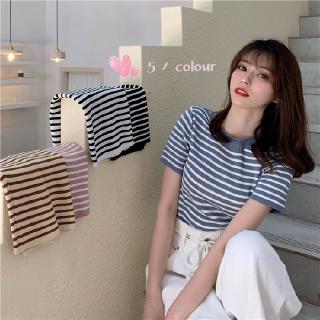 Korean Fashion New Striped Knitted Short Sleeve Casual Slim Crop Top T-shirts Summer Tops