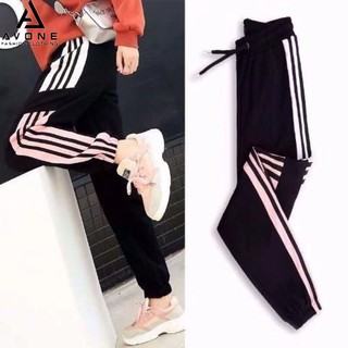 K.C SHOP AVONE กางเกงขายาว เอวยางยืด แต่งแถบข้าง รุ่น Elastic trousers, side stripe pattern (สีดำ)รุ่น KJ888-008