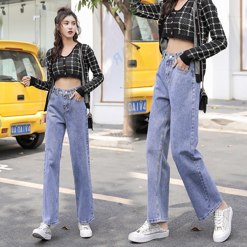 Swan shop แฟชั่นเกาหลีรุ่นใหม่เอวสูงกางเกงยีนส์ขากว้างหลวมตรง