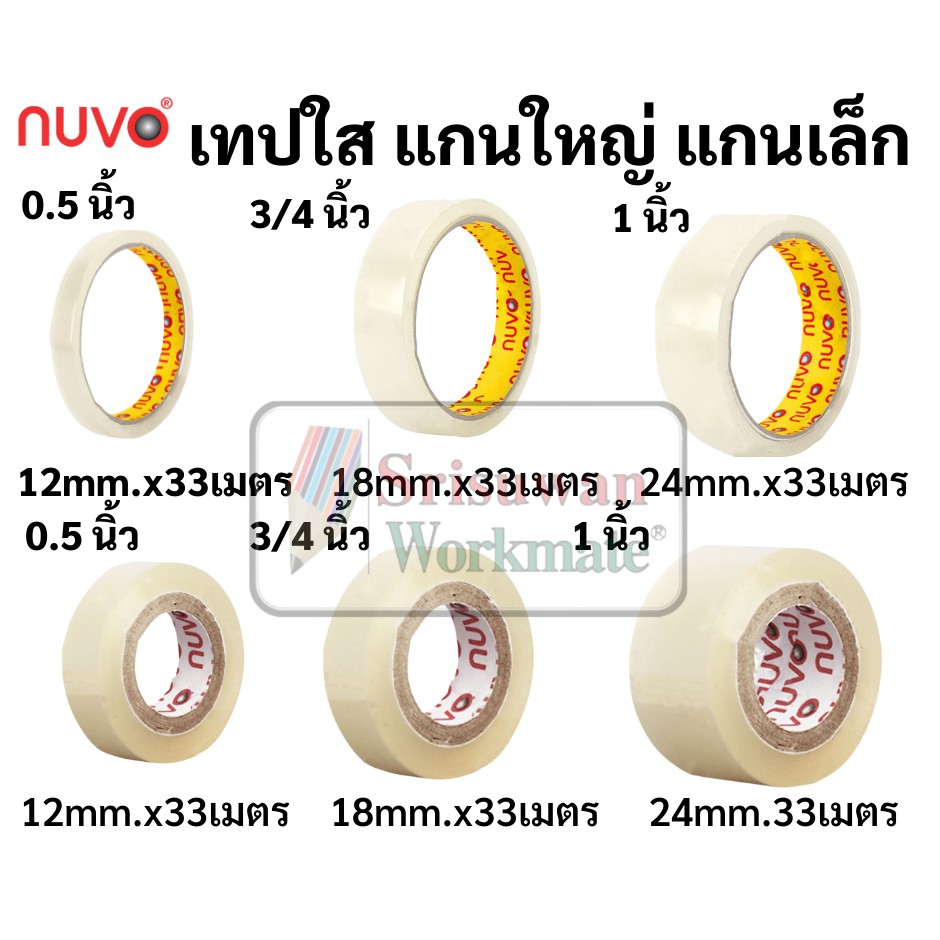 แยกม้วน 1 ม้วน เทปใส nuvo ขนาด 1/2นิ้ว(12มม.) 3/4นิ้ว(18มม.) 1นิ้ว(24มม.) เทปใสแกนเล็ก และแกนใหญ่ สก็อตเทปใส เทป ใสพิเศษ