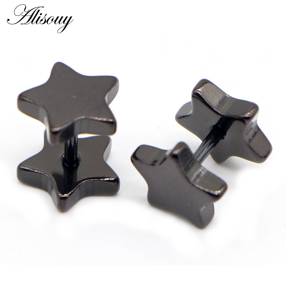Alisouy 2 ชิ้น ใหม่ ทุกเพศ สเตนเลส บาร์เบล ต่างหูสตั๊ด คลาสสิก ห้าแฉก ดาว ต่างหูสกรู ด้านหลัง เจาะร่างกาย เครื่องประดับ