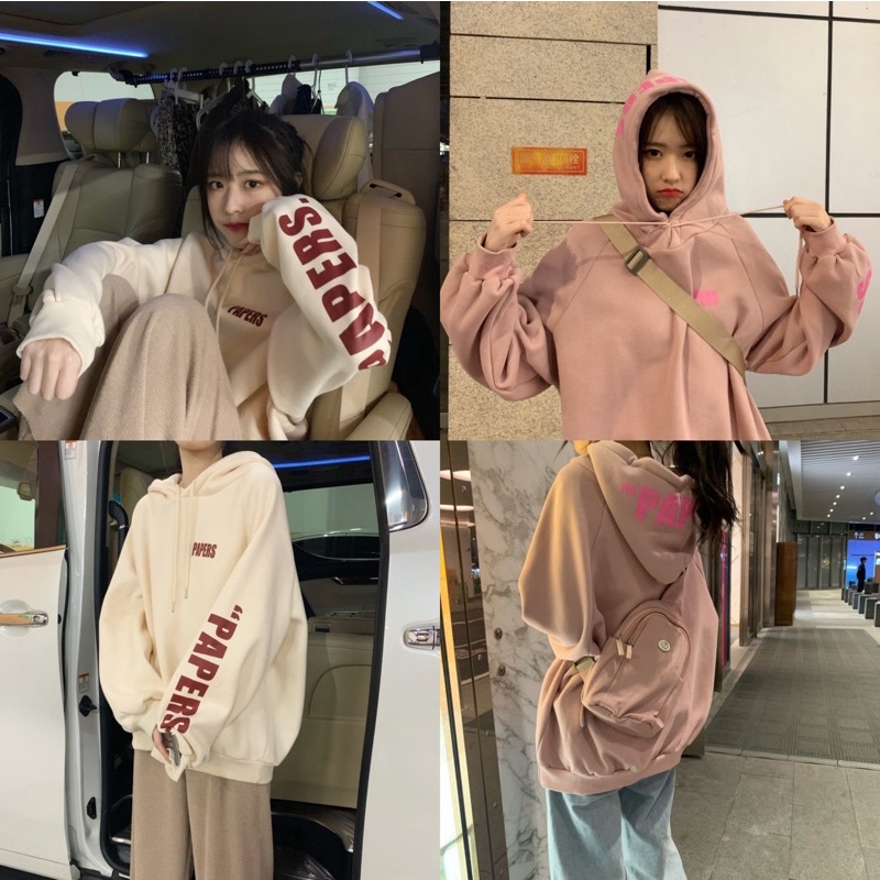 พร้อมส่ง เสื้อกันหนาว เสื้อฮู้ดเกาหลี สกรีนลายที่หมวก แขน อก มีหมวกด้านหลัง เนื้อผ้าสำลี เสื้อกันหนาว