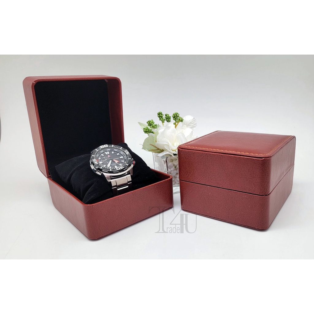 กล่องนาฬิกา พร้อมหมอน รุ่นพรีเมียม W1011 รูปสี่เหลี่ยม หนังเงา สีน้ำตาล หมอน ดำ