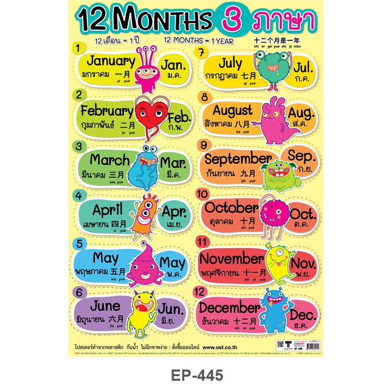 โปสเตอร์ 12 MONTHS/ 3ภาษา ไทย-จีน-อังกฤษ #EP-445 โปสเตอร์พลาสติก PP โปสเตอร์สื่อการเรียนการสอน สื่อการเรียนรู้