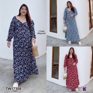 SS17308 เดรส #Bigsize คอวี ลายดอกไม้ V-neck floral dress