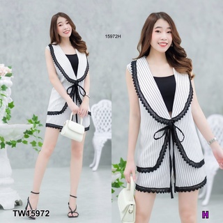 TW15972 set 3 ชิ้น เสื้อแขนกุด คอปกกล้วย ผ้าโฟร์เวย์ลายริ้ว ปกแต่งลูกไม้ + กางเกงขาสั้น ลายริ้ว ปลายขาแต่งลูกไม้ ผ้าโฟร์