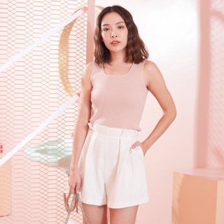 PETEBKK-LINEN SHORTS(WHITE)กางเกงขาสั้นเอวสูง ผ้าลินิน