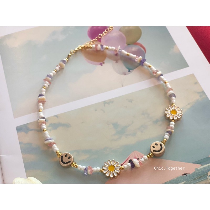 New สร้อยคอ Choker ลูกปัดคละกับหินแท้ & daisy & smiley