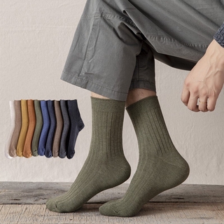 Business Warm Solid Colors Cotton Mid Calf Socks Men Casual Basic Tube Socks Winter Navy Blue Loafer Socks Thick Hiking Socks