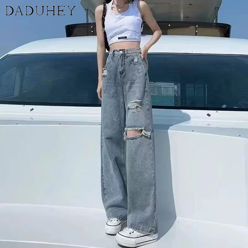 DaDuHey Women's Summer 2022 New Light Blue Ripped Jeans Ins Straight Loose Wide Leg Mop Pants