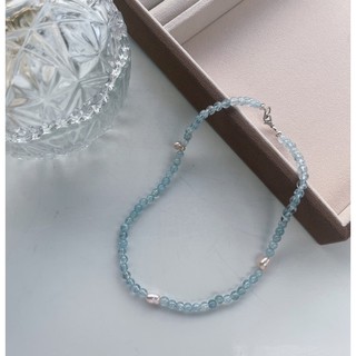 Aquamarine gemstone necklace สร้อยหินอควอมารีน choker หินแท้