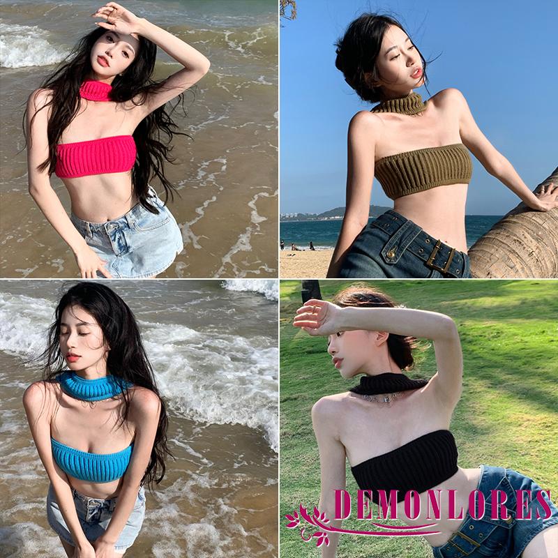 Demq-ผู้หญิงถัก Halterneck Bandeau Tops ฤดูร้อนสีทึบแขนกุด Backless Crop Tops