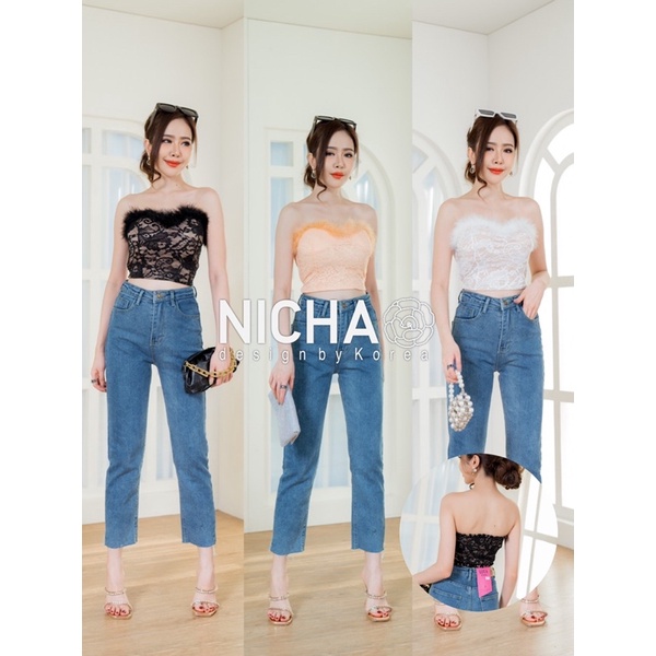 NICHA onlineเสื้อครอปเกาะอก ผ้าลูกไม้แต่งขนมิ้ง รอบอก เสริมฟองน้ำ มีสม็อคด้านหลัง ปังเวอร์