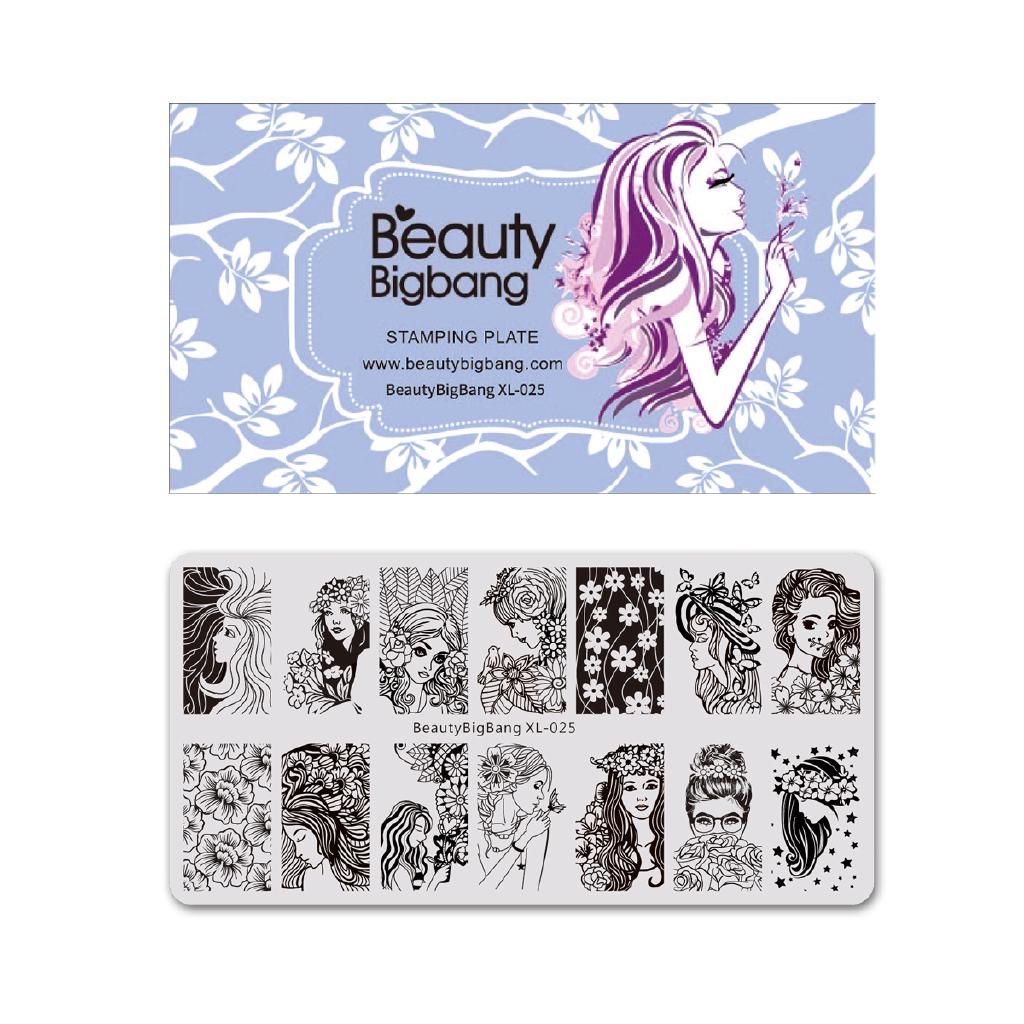 BeautyBigBang XL-025 แผ่นแม่แบบปั๊มลายเล็บ ลายหญิงสาวสวยงาม ทรงสี่เหลี่ยม สำหรับตกแต่งเล็บ ขนาด 6*12 ซม.