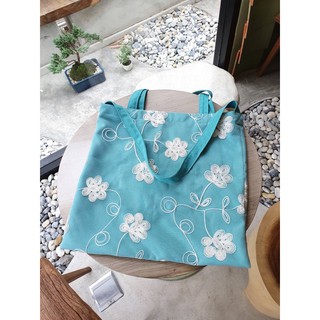 SALES กระเป๋าผ้าใบใหญ่ ทรง Tote Bag ลายดอกไม้ สีเขียวเหนี่ยวทรัพย์