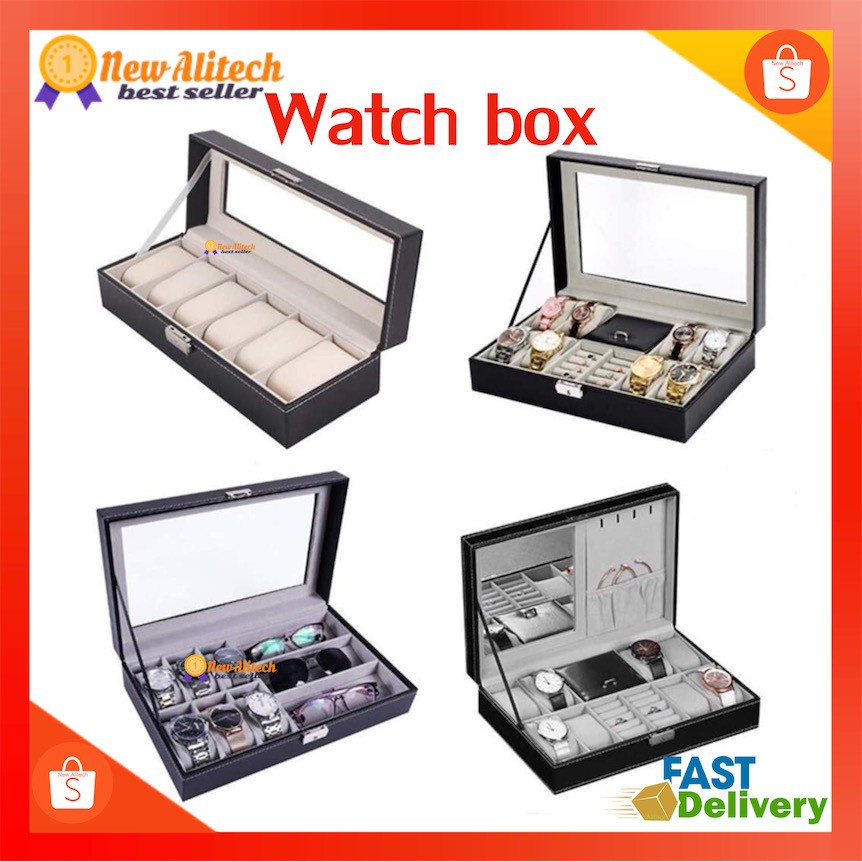 สมาร์ทวอทช์ สายนาฬิกา iWatch New Alitech C06 C08 Watch Box 3/6/10/12 Grid Leather Display Jewelry Case Organizer กล่องนา