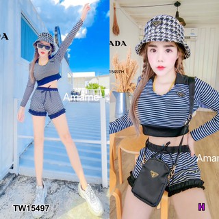 PP15497 Set 2 ชิ้น เสื้อยืดแขนยาวลายริ้ว อกปักโลโก้ + กางเกงขาระบายลายริ้ว