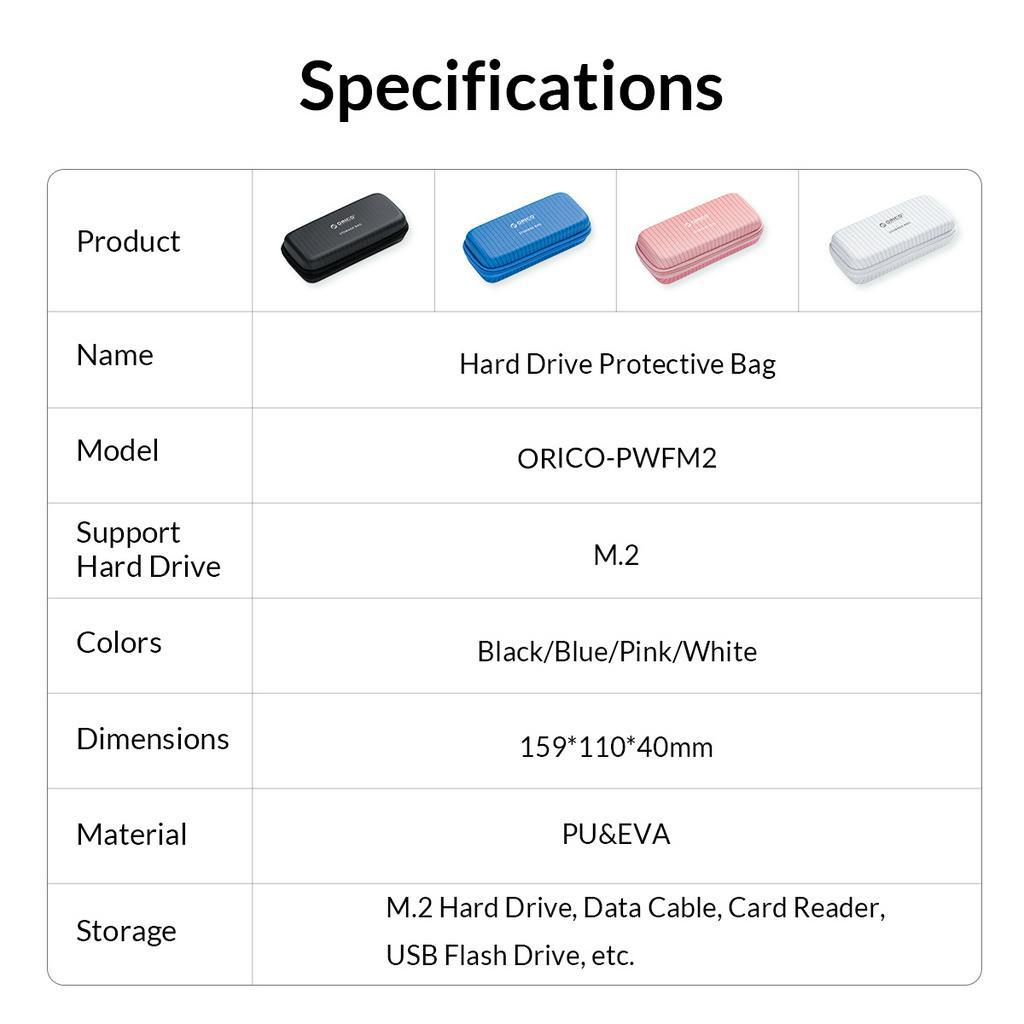 ORICO(PWFM2) M.2 SSD Protective Bag for External M.2 Case/M.2 SSD /USB Cable /U Disk Large Capacity(Black/Blue/Pink/Whit