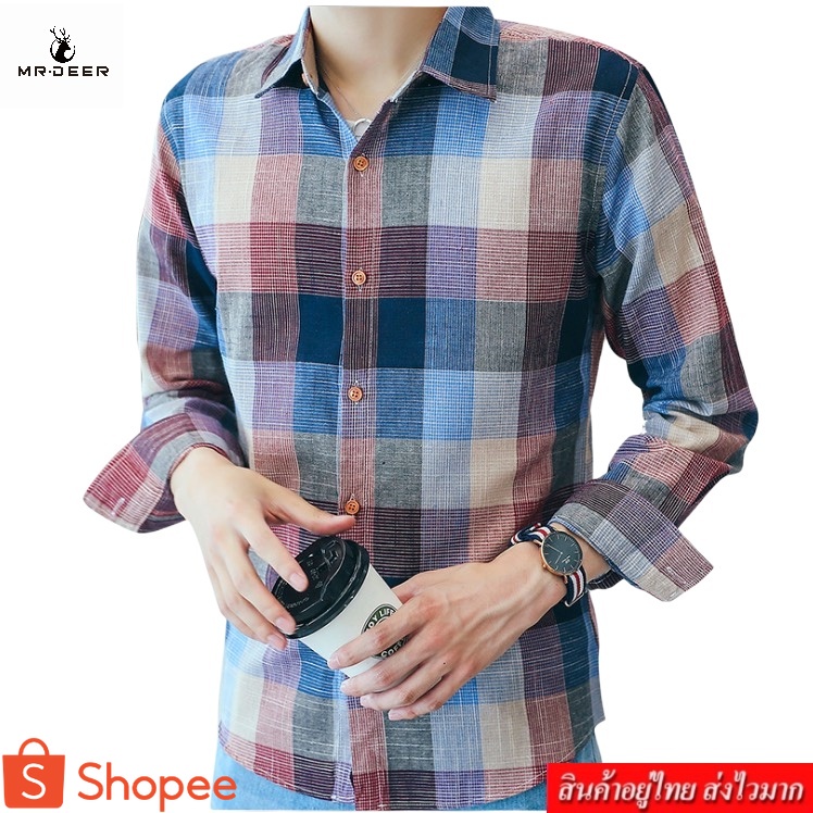 DEER เสื้อเชิ้ตแขนยาวผู้ชาย ลายสก็อต กระดุมหน้า แฟชั่น รุ่น 12346