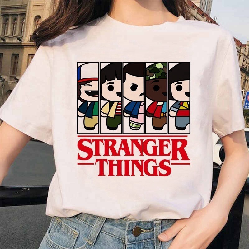 คอลูกเรือเสื้อยืดคอกลม﹍Stranger Things Cartoon Pattern Color Printing Ladies T-shirt Letters  Unisex Top Teeผ้าฝ้ายแท้