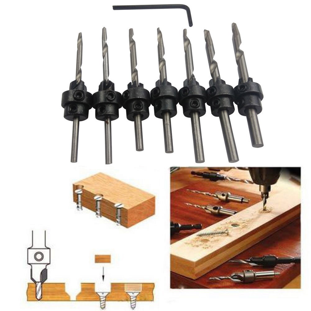 7pcs Carpentry Tapered Countersink Drill Bit Set 5-12 with Small Hex ...