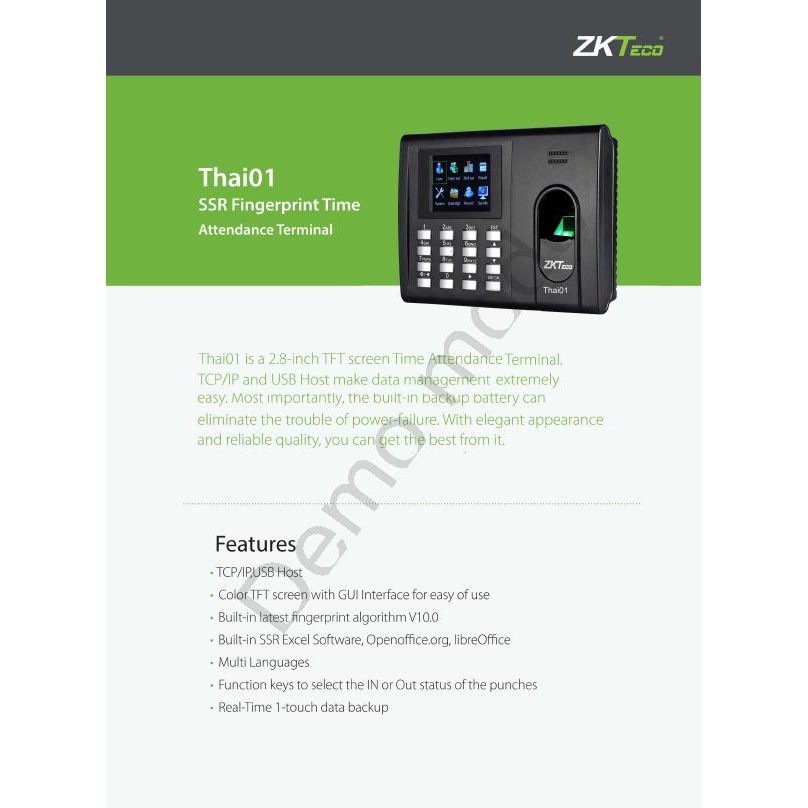 Thai 01 ZKTeco เครื่องสแกนลายนิ้วมือ ลงเวลาเข้า ออกพนักงาน