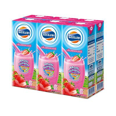 นม UHT รสสตอเบอรี่ 225 มล. (แพ็ค6กล่อง) โฟร์โมสต์ Strawberry flavor UHT milk 225 ml (pack of 6 boxes) Foremost