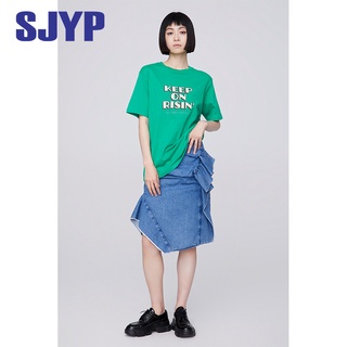 Sjyp เสื้อยืดแขนสั้นลําลอง ทรงหลวม พิมพ์ลายตัวอักษร แฟชั่นสําหรับผู้หญิง