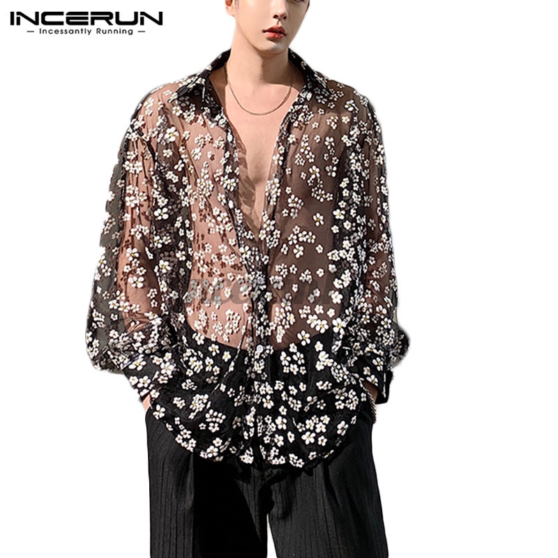 incerun เสื้อแขนยาว ผ้าตาข่าย ซีทรู ลายดอกไม้ ระบายอากาศ สไตล์ลําลอง สําหรับผู้ชาย
