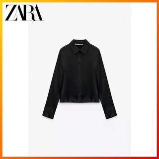 Zara ใหม่ เสื้อเชิ้ต ผ้าซาติน ผ้าไหม สีดํา พร้อมแผ่นรองไหล่ เหมาะกับฤดูหนาว สําหรับผู้หญิง