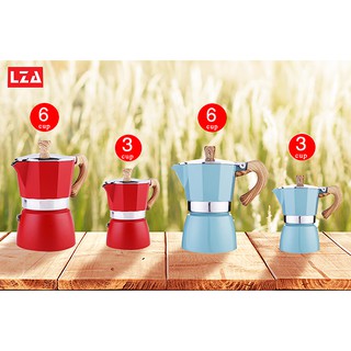 LZA หม้อต้มกาแฟ Moka Pot รุ่นK91 ต้มกาแฟ ขนาด 6 คัพ 300 ml. และ 3 คัพ 150 ml. สินค้าคุณภาพเกรดA ที่จับทนความร้อนทำจากไม้