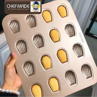 (Chefmade​ แท้) ถาดอบ ถาดอบขนม พิมพ์อบเค้ก พิมพ์ขนมลายมาเดอลีน 16 หลุม เคลือบสีทอง อย่างดี