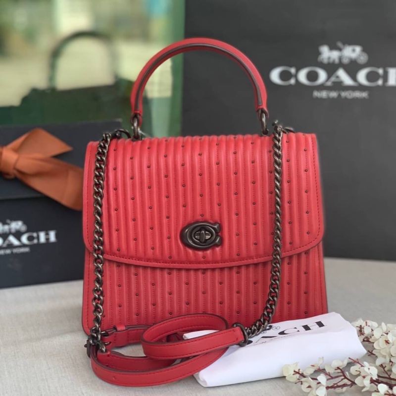 กระเป๋าสะพายข้าง Coach Parker Top Handle Wite Quilting and Rivets 76028 งานshop หนังแท้ สีแดง