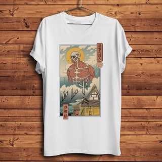 เสื้อยืดผ้าฝ้ายพิมพ์ลายแฟชั่นกางเกงผ้าฝ้าย ขาสั้น ลายการ์ตูน Ukiyoe Viral Attack On Titan สีขาว แฟชั่นฤดูร้อน สไตล์วินเท