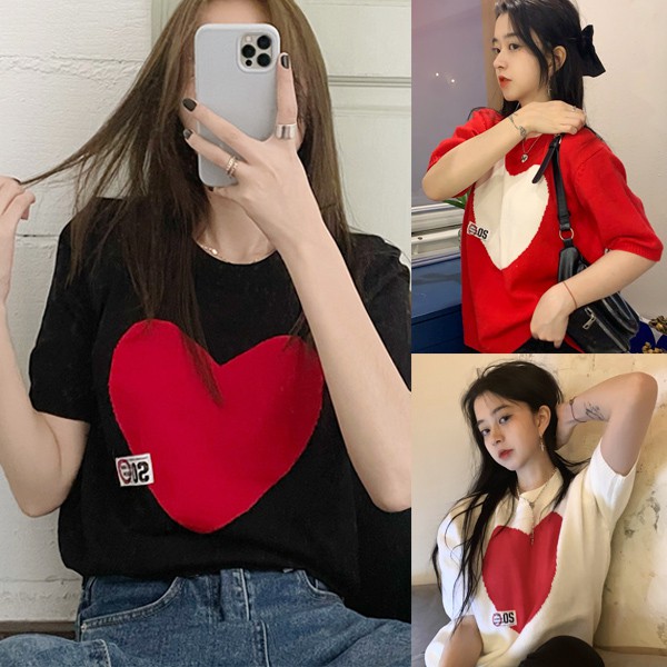 mimi&didi 9042 เสื้อยืด เสื้อกันหนาว แขนสั้นไหมพรม งานพิมพ์ตัวใจใหญ่ ทรงหลวมแขนเจ้าหญิง น่ารักมากกก